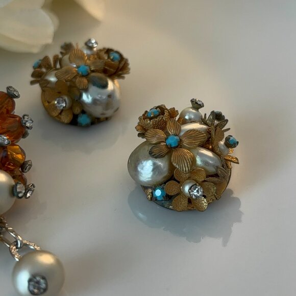 HASKILL-STYLE VINTAGE RHINESTONE BEADED BROOCH & EARRINGS - Picture 5 of 10